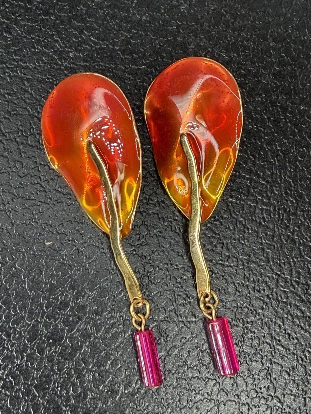 Vintage Unique Orange Floral Dangle Gold Tone Earrings Statement Glam